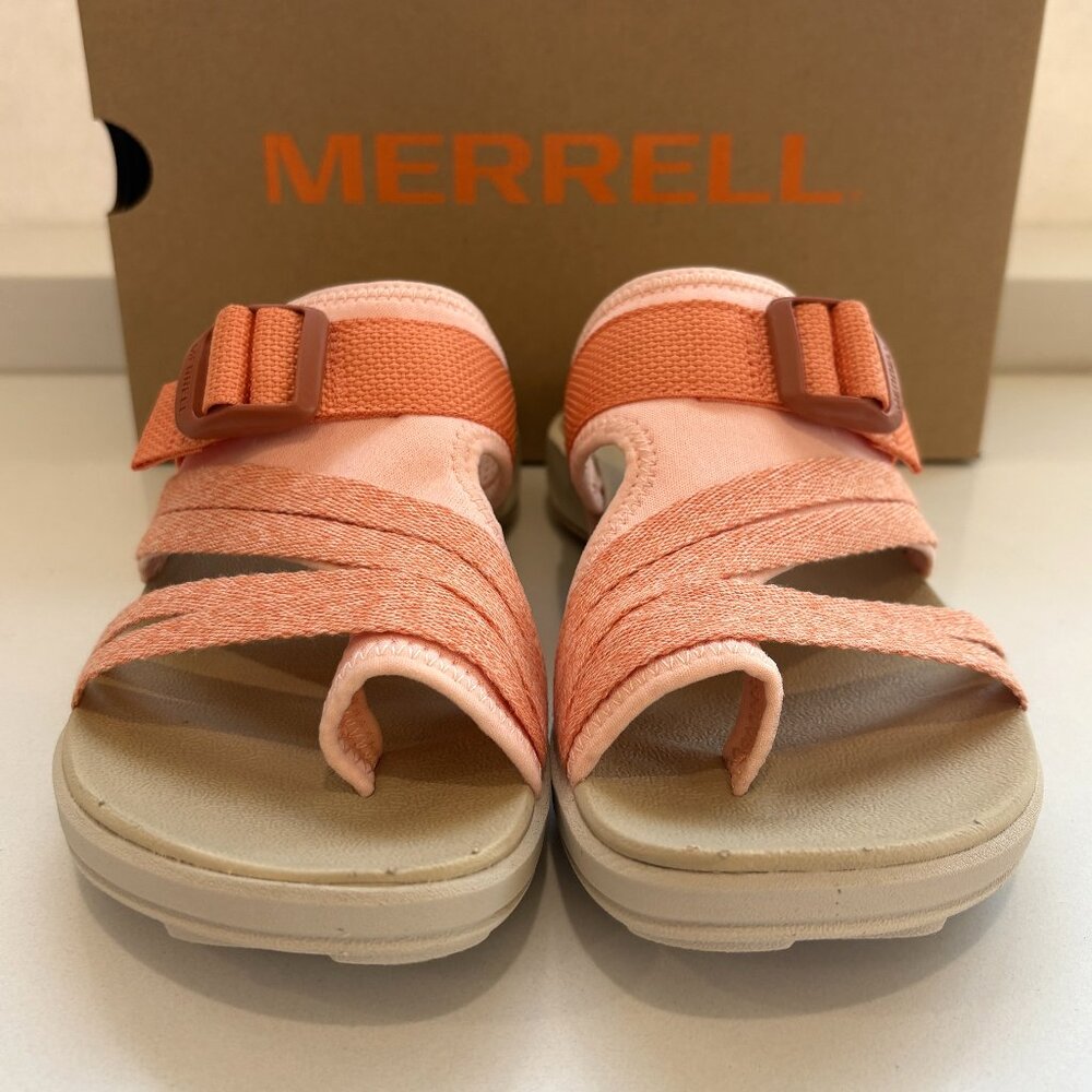 Merrell District 4 Post Sandals Toe Loop Slip On Wedge Peach Orange Size 8 NEW - Picture 3 of 7